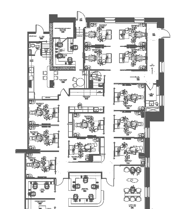 Redacted equipment plan for a dental clinic, showing operatories, reception and the server rack location