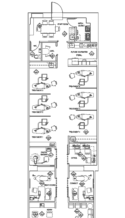 Redacted millwork plan for a dental clinic, showing cabinets and counters