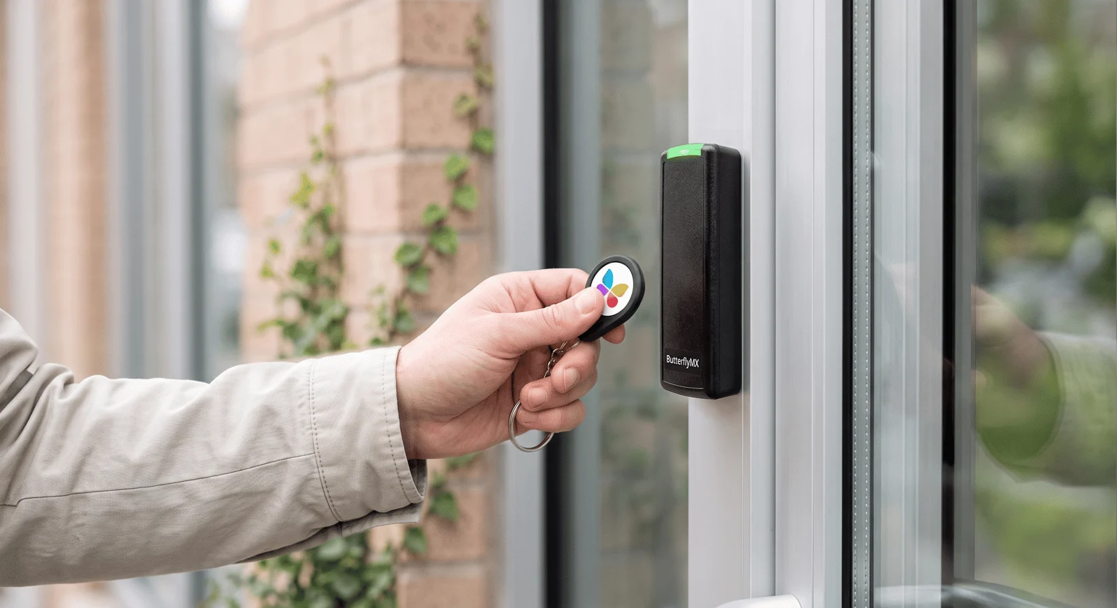 A hand taps a key fob on a slim ButterflyMX door reader beside a glass door